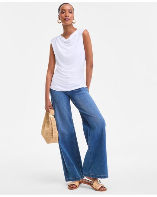 INC International Concepts White Cotton Extended-shoulder Cowlneck Top