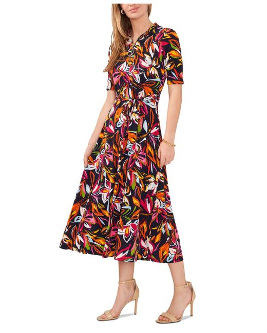 Msk Printed Front-zip Collared Midi Dress
