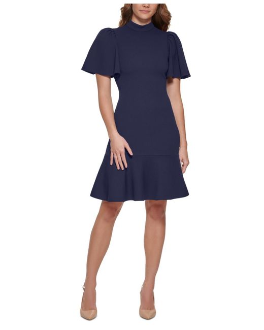 Calvin Klein Blue Mock-neck Flare-sleeve Dress