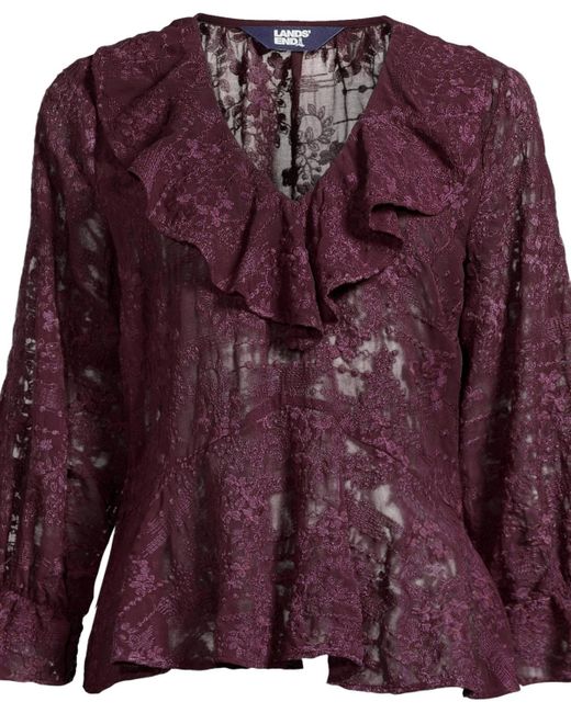 Lands' End Red Feminine Ruffle Chiffon V Neck Blouse