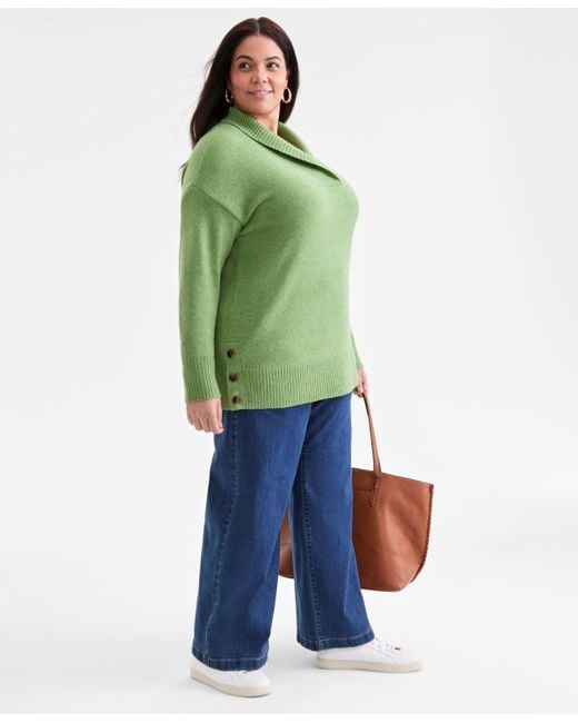 Style & Co. Green Plus Size Solid Shawl-collar Tunic Sweater