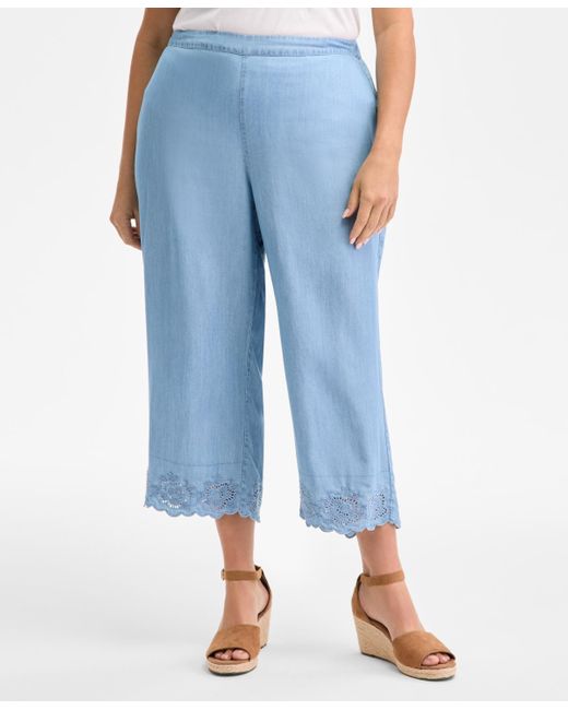 Style & Co. Blue Plus Size Embroidered-hem Chambray Pull-on Pants