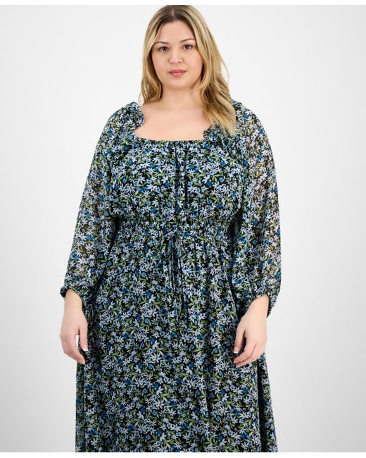 On 34th Blue Trendy Plus Size Floral-print Smocked-waist Dress