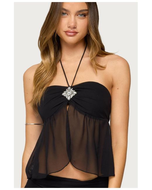 Edikted Black Jettie Sheer Chiffon Split Front Top