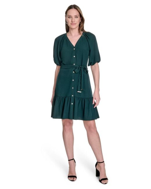 Tommy Hilfiger Green Puff-sleeve Fit & Flare Dress