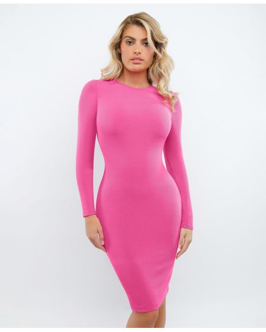 Popilush Women's Pink Shapewear Modal Long Sleeve Crew Neck Slimming Midi  Dress