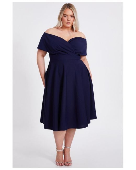 Quiz Blue Plus Size Scuba Crepe Bardot Wrap Midi Skater Dress