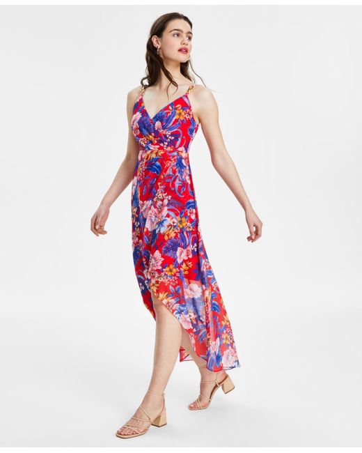 Siena Jewelry Red Floral Print Sleeveless High-low Maxi Dress