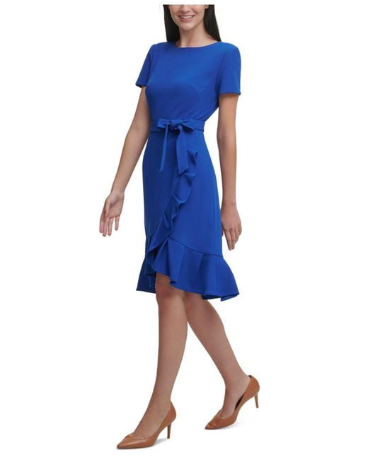 Calvin Klein Blue Ruffled Tulip-hem Crepe Dress