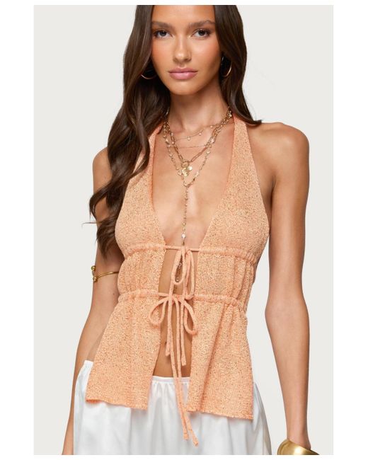 Edikted Brown Sequin Knit Split Front Backless Top
