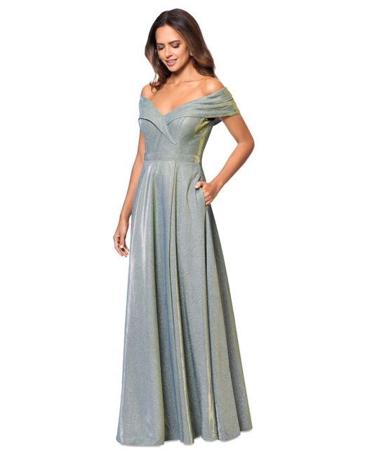 Xscape Blue Off-the-shoulder Sequin-knit Fit & Flare Gown