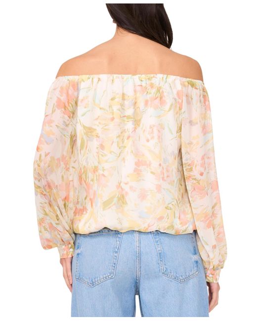 Vince Camuto Blue Printed Off-the-shoulder Tied-hem Top