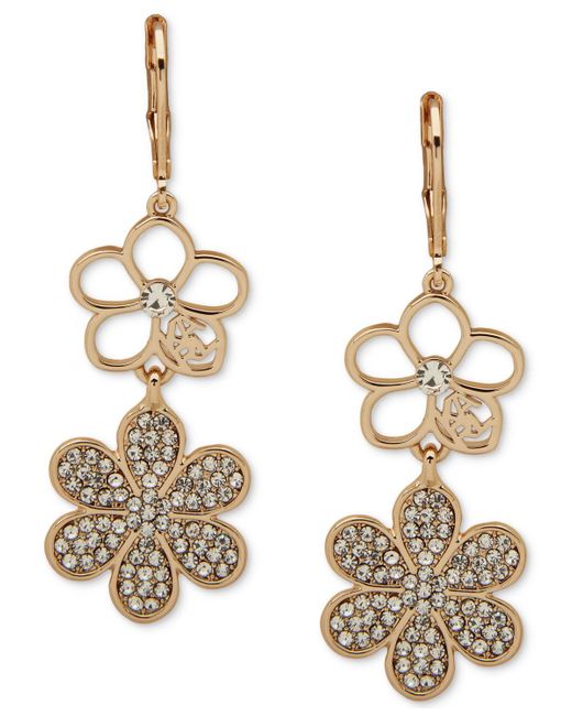 Karl Lagerfeld Metallic Gold-tone Crystal Pave Flower Double Drop Earrings