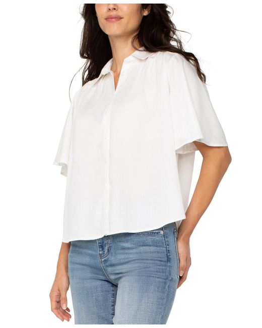 Liverpool Los Angeles White Petite Elbow-sleeve Button-front Blouse