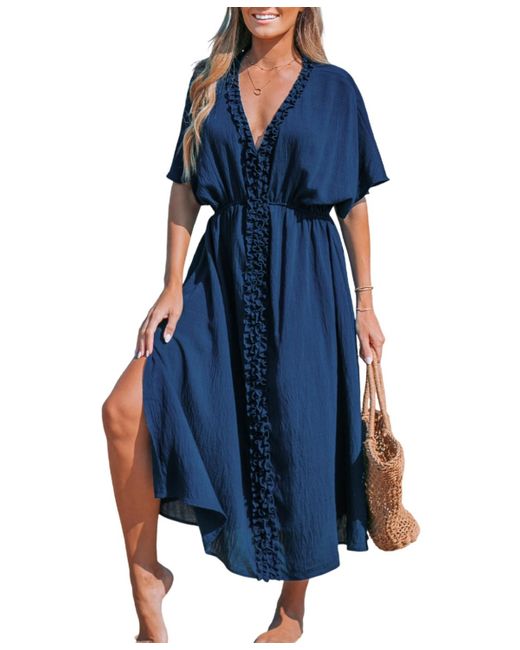 CUPSHE Blue Navy Dolman Sleeve Micro-ruffle Midi Beach Dress