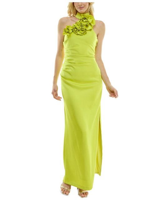 Taylor Green Floral-trim Halter Gown