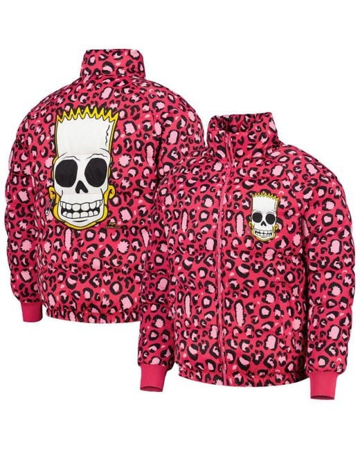 FREEZE MAX Red The Simpsons Bart Leopard Print Raglan Full-zip Puffer Jacket for men