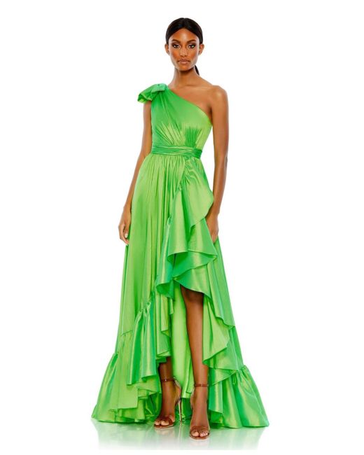 Mac Duggal Green Bow One Shoulder Ruffle Asymmetrical Hem Gown