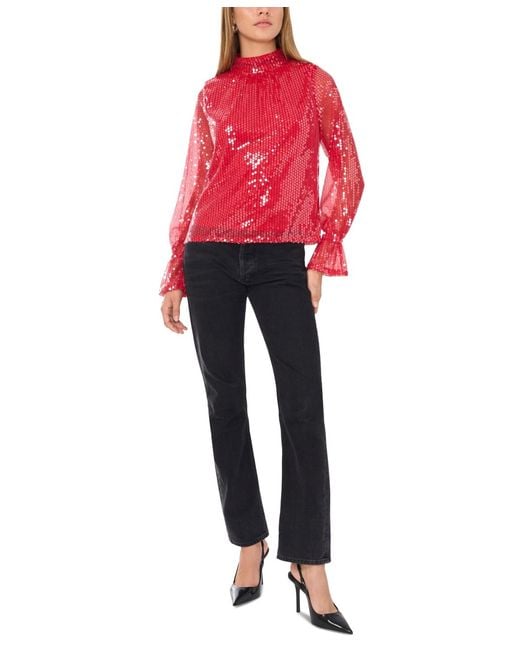 1.STATE Red Sequin Draped-back Mock-neck Top