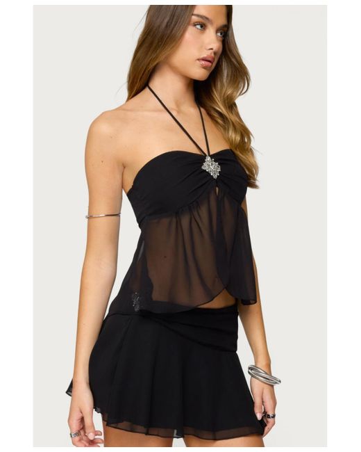 Edikted Black Jettie Sheer Chiffon Split Front Top