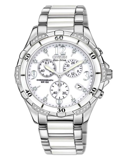 Citizen Gray Women's Chronograph Eco-drive Diamond Accent Stainless Steel And White Ceramic Bracelet Watch 40mm Fb1230-50a