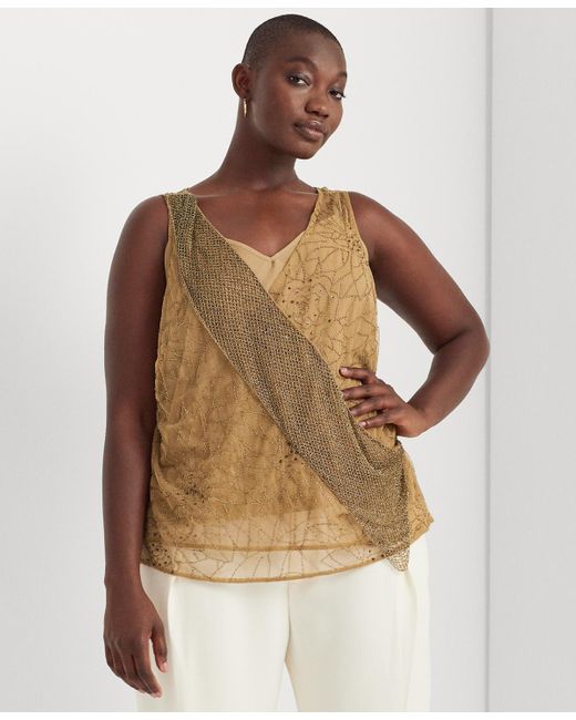 Lauren by Ralph Lauren Plus Size Embellished Sleeveless Blouse in Brown |  Lyst