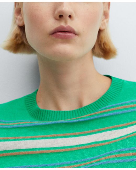 Mango Green Round-neck Striped Sweater
