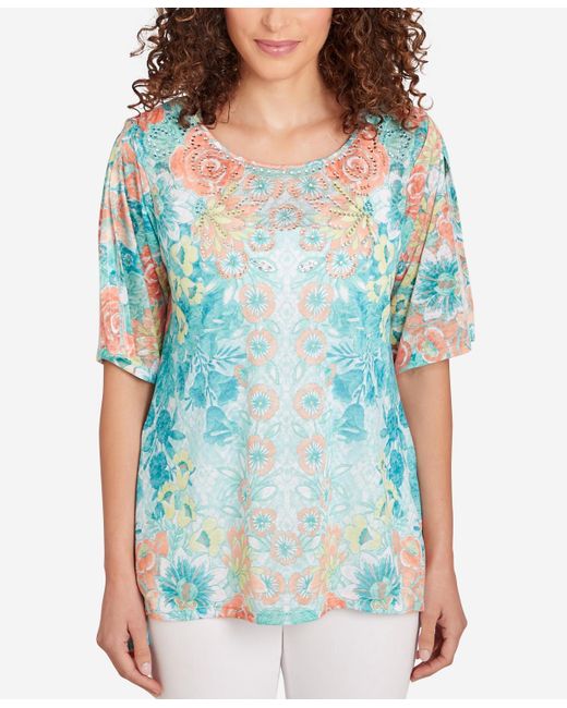 Ruby Rd Blue Petite Embroidered Floral Top