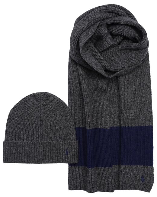 Polo Ralph Lauren Blue Rugby Stripe 2-piece Hat And Scarf Gift Set for men