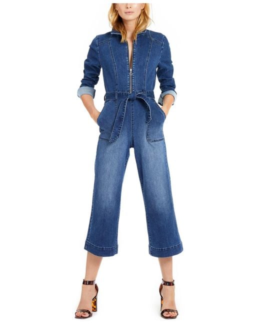 INC International Concepts Blue Inc Zip-front Denim Cropped Jumpsuit, Created For Macy's