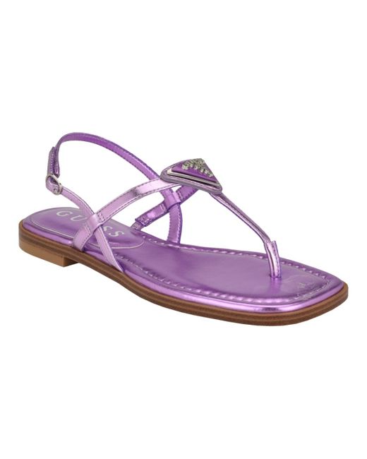Guess Purple Rainey Logo Sqaure Toe T-strap Flat Sandals