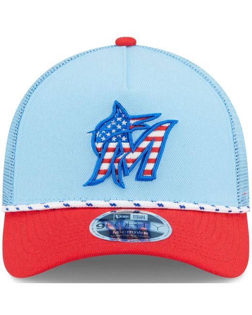 KTZ Light Blue/red Miami Marlins 2025 Fourth Of July 9forty A-frame M-crown Adjustable Trucker Hat for men