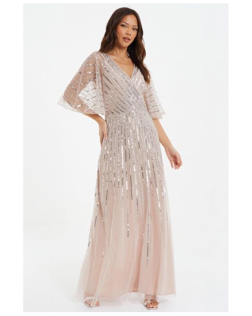 Quiz Natural Embellished Sequin Evening Dress