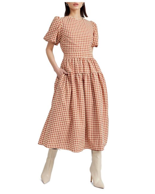 En Saison Pink Juni Round-neck Bubble-sleeve Tie-back Midi Dress