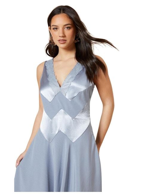 Oasis Blue V-neck Mesh Asymmetric Midi Dress