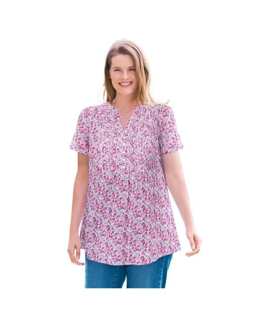Woman Within Purple Plus Size Pintucked Half-button Tunic