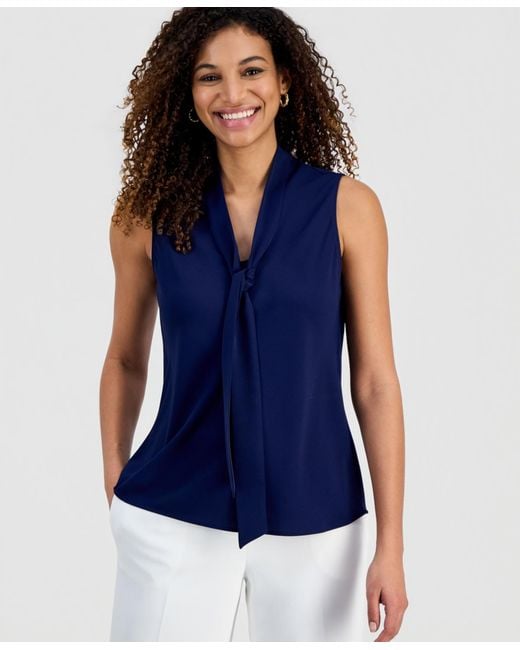 Kasper Blue Solid Sleeveless Tie-neck Blouse