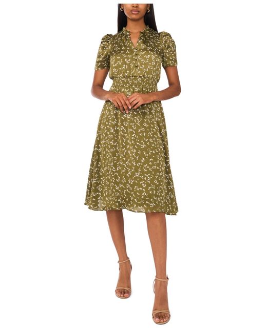 Msk Petite Puff-sleeve Chiffon Midi Dress in Green | Lyst