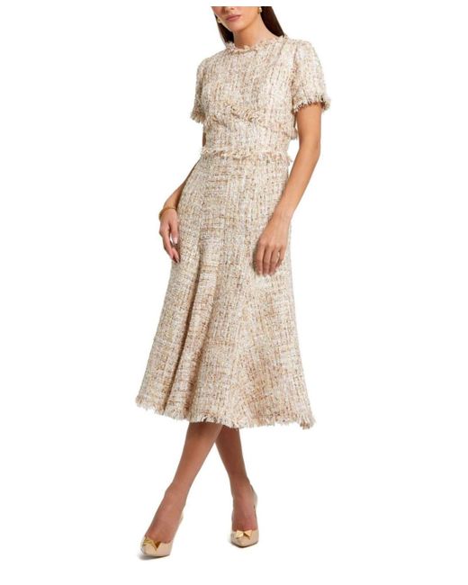 Mac Duggal Natural Boucle Short Sleeve A Line Midi Dress