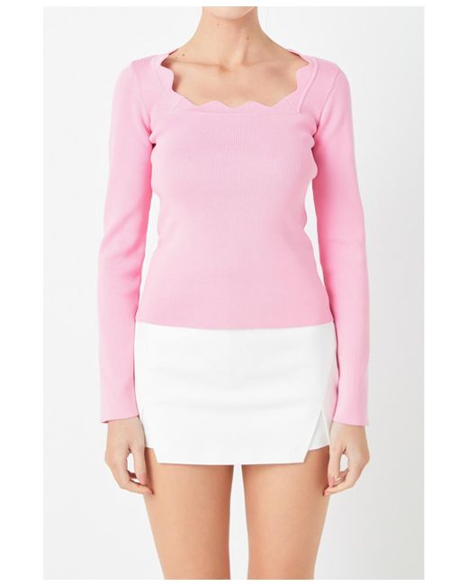 Endless Rose Pink Scallop Detail Long Sleeve Sweater