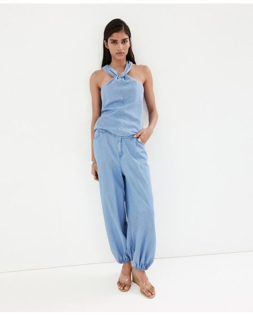Mango Blue Crossed-strap Denim Top
