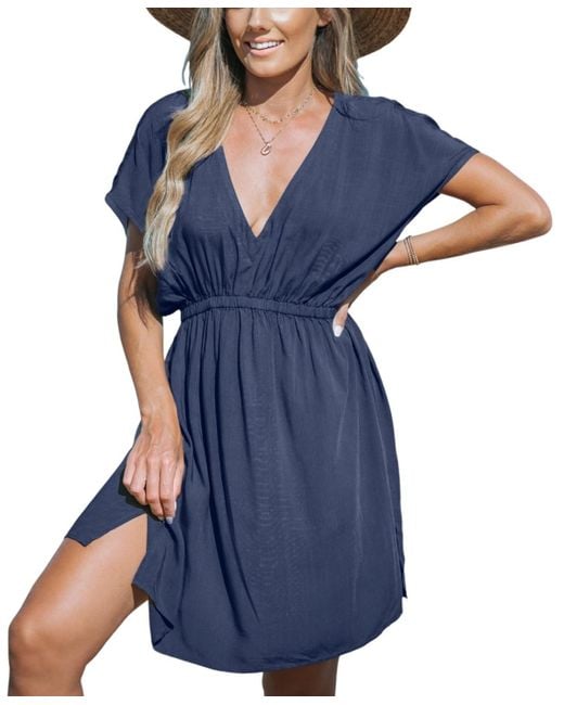 CUPSHE Blue Elastic Short Sleeve Cover Up