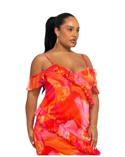 FASHION-SZN CURVE Red Floral Print Mesh Midi Dress