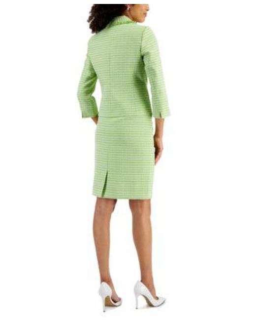 Kasper Green Tweed Jacket Tie Front Blouse Pencil Skirt