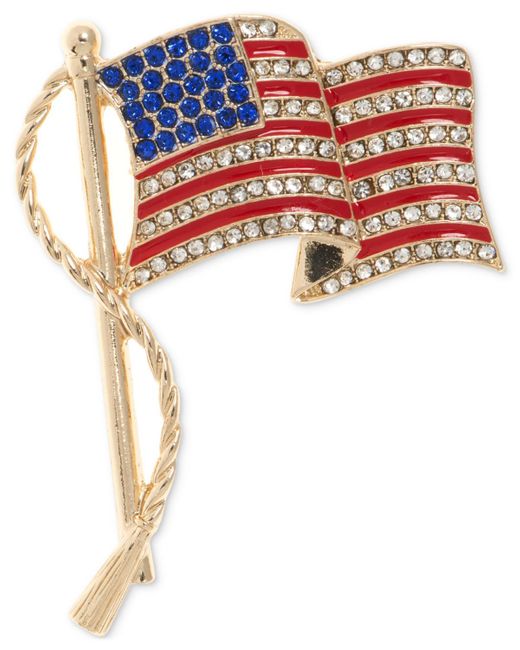 Anne Klein White Gold-tone Pave Waving American Flag Pin