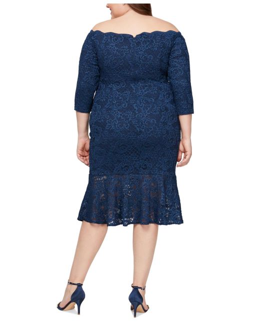 Alex Evenings Blue Plus Size Glitter Lace Off-the-shoulder Dress