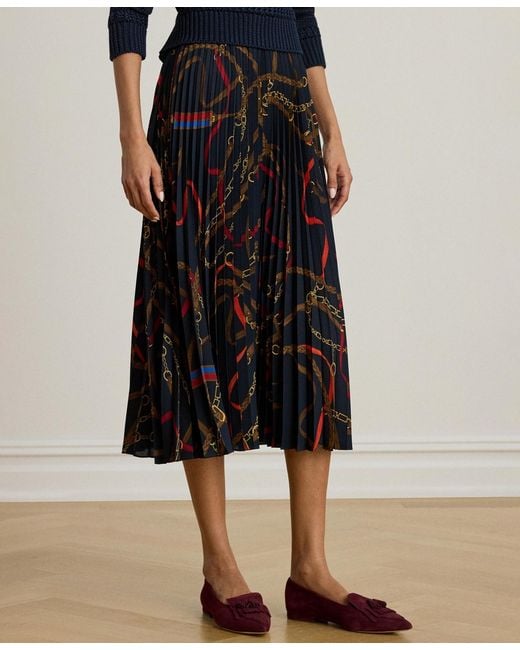 Ralph Lauren Blue Belting-print Pleated Midi Skirt