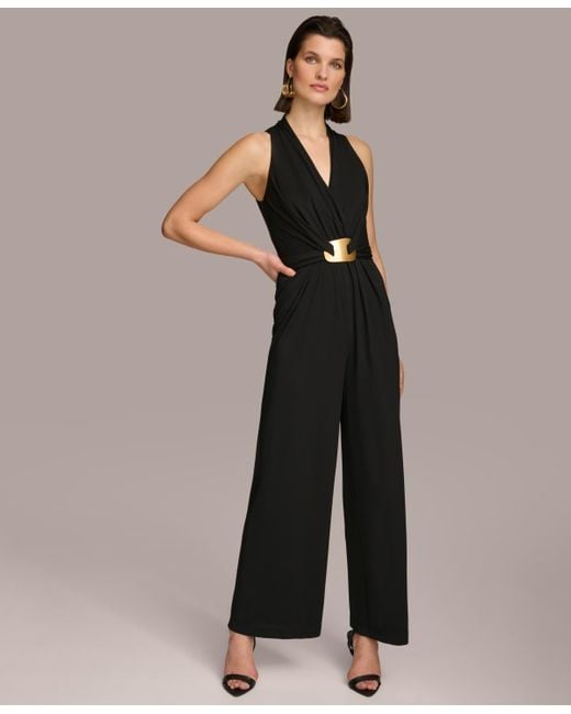 Donna Karan Black V-neck Hardware Sleeveless Jumpsuit