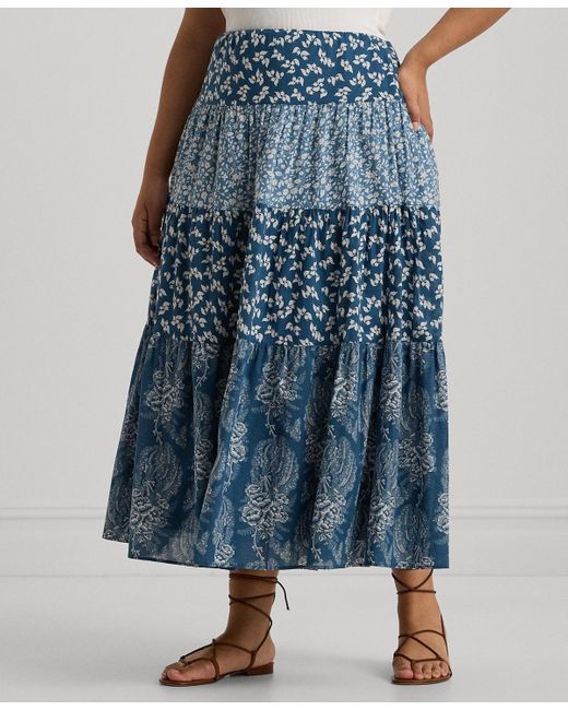 Lauren by Ralph Lauren Blue Plus Size Tiered Floral A-line Skirt