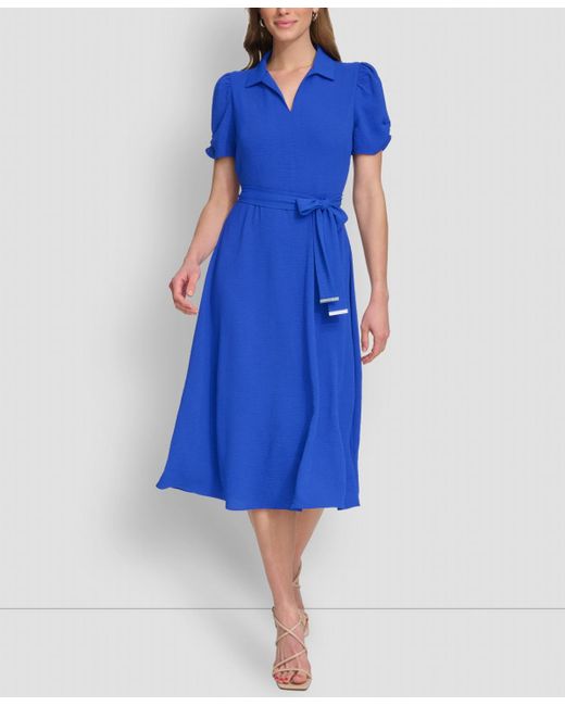 DKNY Blue Tie-waist Point Collar A-line Dress